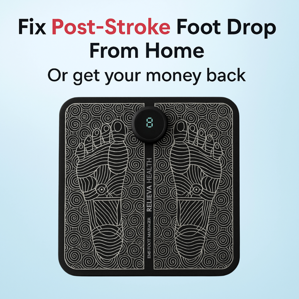 Product with design of feet walking, on a light blue background with text about fixing post-stroke foot drop.