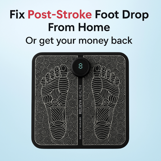 Product with design of feet walking, on a light blue background with text about fixing post-stroke foot drop.